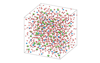 A simulation models the molecular dynamics of a saltwater solution